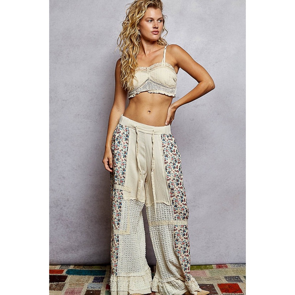 POL Patchwork Double Gauze Wide Leg Pants Floral Lace‎ Ruffle Cream SMALL